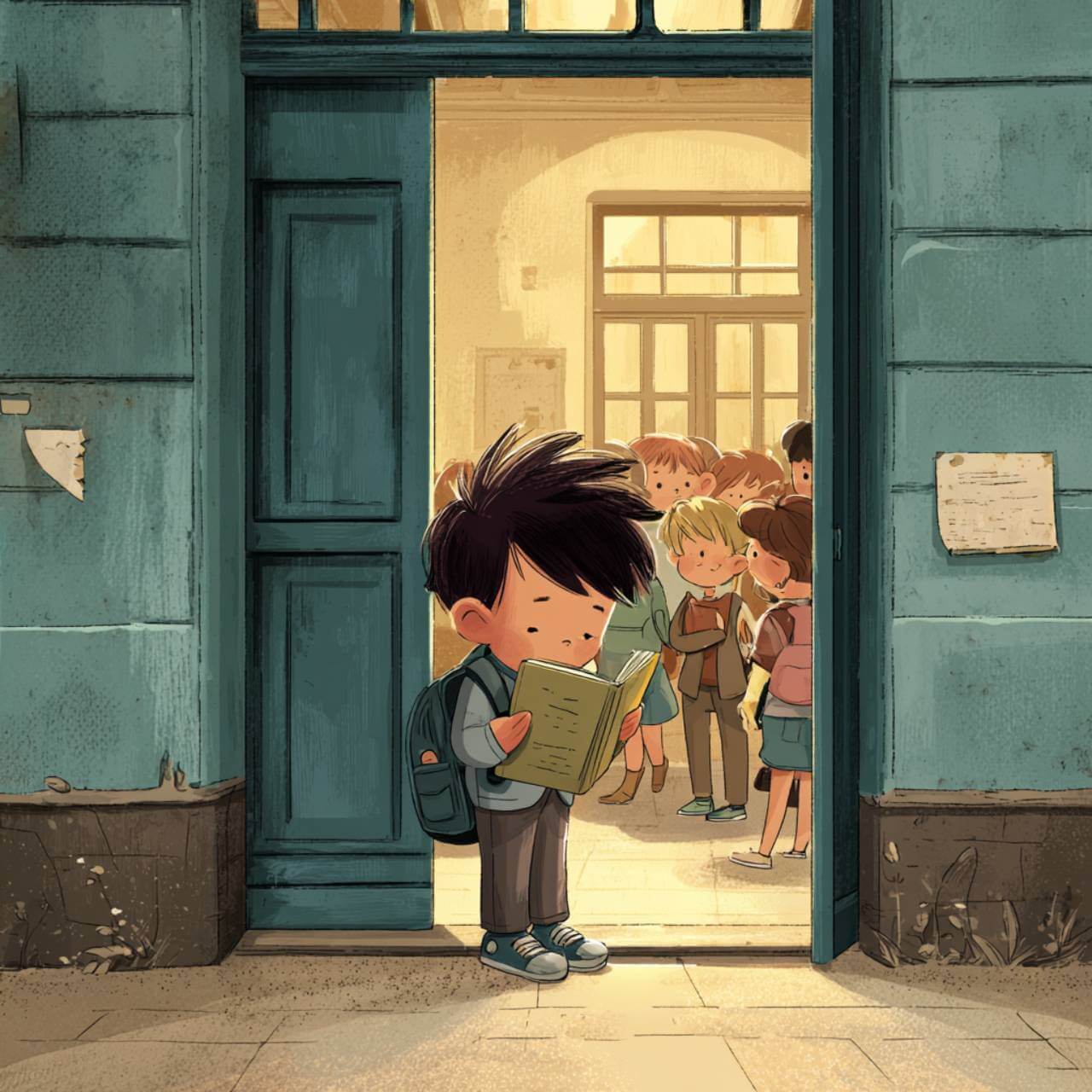 Ilustración de un niño con mochila leyendo un cuento en la puerta del colegio durante la vuelta a clase.