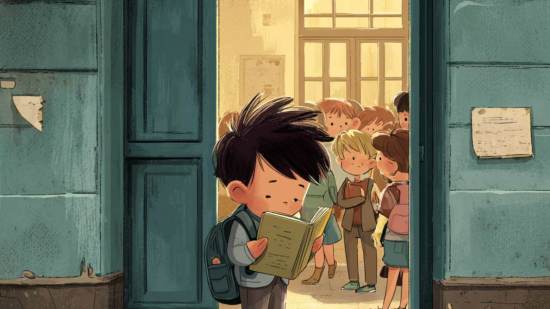 Ilustración de un niño con mochila leyendo un cuento en la puerta del colegio durante la vuelta a clase.