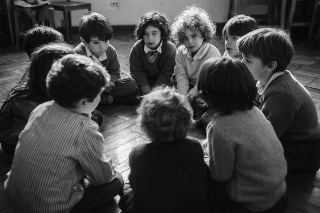 Grupo de niños sentados en círculo en clase durante la adaptación escolar.