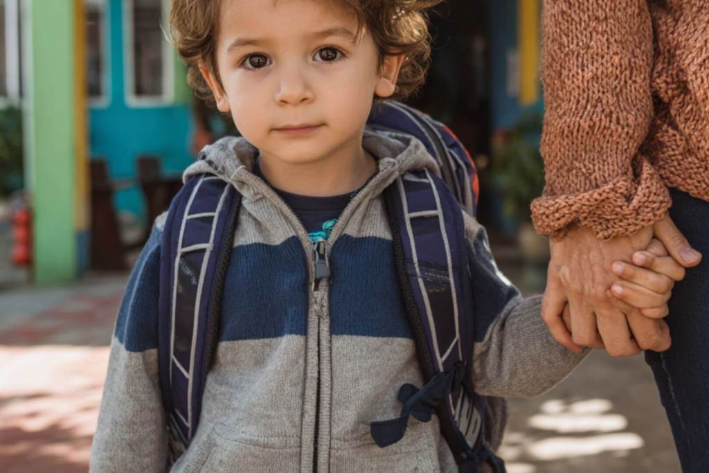 Niño pequeño con mochila entrando al colegio de la mano de su madre durante el período de adaptación.