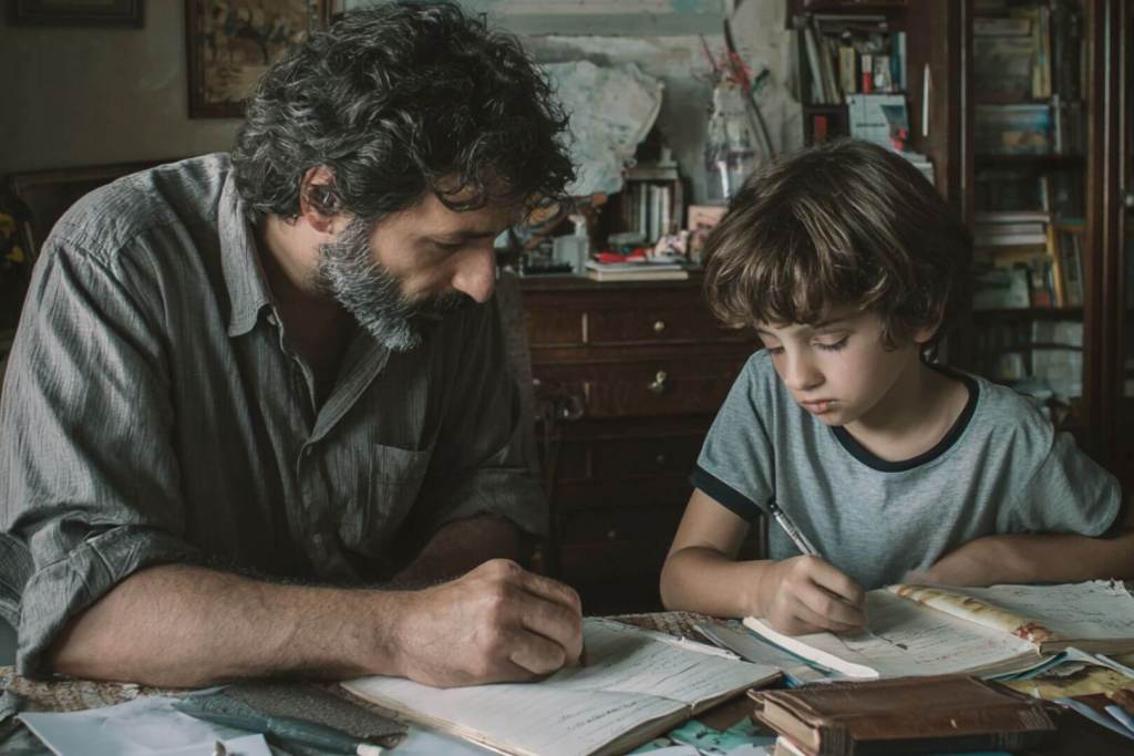 Padre enseñando a su hijo mientras realizan juntos tareas de escritura.