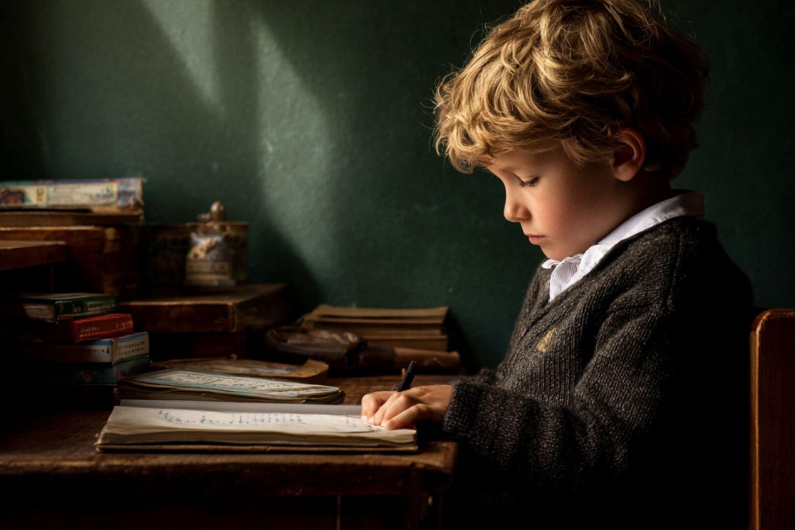 Niño pequeño concentrado escribiendo en su cuaderno de clase.