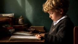 Niño pequeño concentrado escribiendo en su cuaderno de clase.