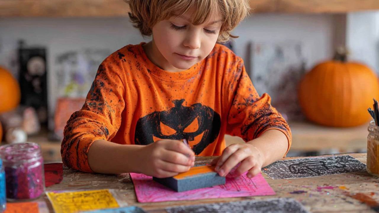 Niño con camiseta naranja de Halloween pintando dibujos con esponja sobre una mesa decorada con calabazas y materiales de manualidades.
