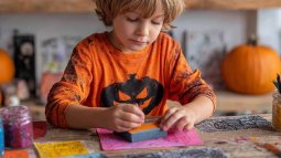 Niño con camiseta naranja de Halloween pintando dibujos con esponja sobre una mesa decorada con calabazas y materiales de manualidades.