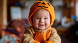 bebé sonriente con disfraz casero de Halloween hecho a mano, rodeado de materiales de manualidades.