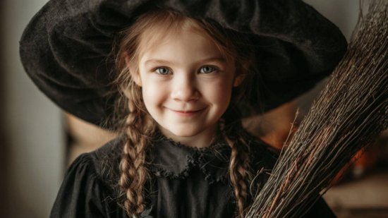 Niña con disfraz casero de bruja, sombrero negro grande y escoba de ramas en la mano, sonriendo.