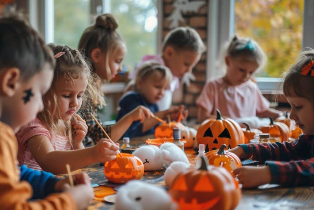 Grupo de niños de distintas edades pintando calabazas y haciendo manualidades de Halloween en una mesa.