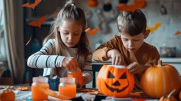 Manualidades de Halloween caseras: decorar calabazas y recortar murciélagos.