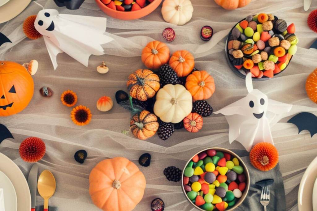 Mesa decorada para Halloween con calabazas, fantasmas de papel, chucherías y detalles otoñales.