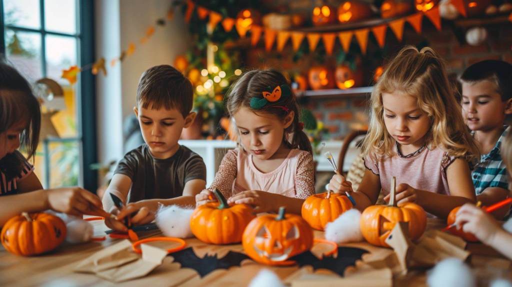 Grupo de niños haciendo manualidades de Halloween con calabazas pequeñas, murciélagos de cartulina y algodón en una mesa decorada.