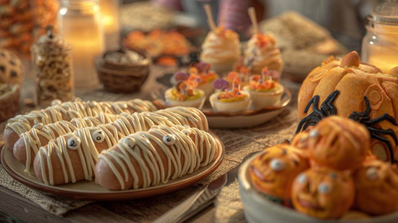 Merienda de Halloween para niños con comida casera decorada como momias, calabazas y arañas en una mesa familiar iluminada con luz cálida.