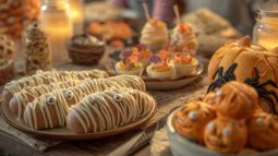 Merienda de Halloween para niños con comida casera decorada como momias, calabazas y arañas en una mesa familiar iluminada con luz cálida.