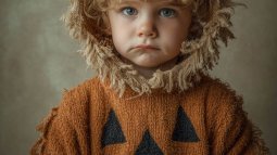 Niño disfrazado de calabaza con gesto triste en Halloween, símbolo de la sensibilidad infantil ante el exceso de estímulos.