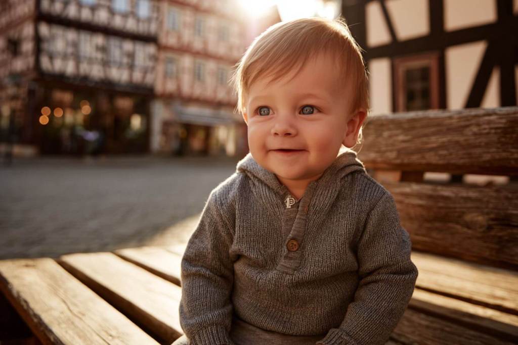 Bebé con sudadera gris sentado en banco de madera con arquitectura tradicional alemana de fondo.