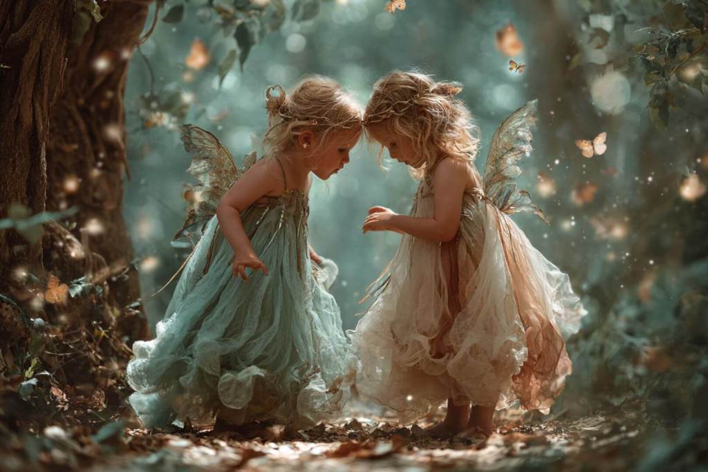Pareja de niñas con alas y vestidos de hada, en un bosque mágico rodeadas de mariposas luminosas.