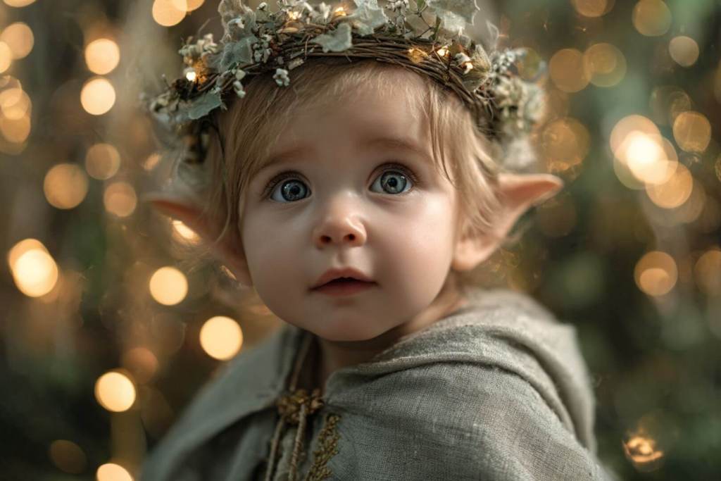 Niña con aspecto de elfa, ojos verdes intensos, corona mágica y símbolos flotando a su alrededor.