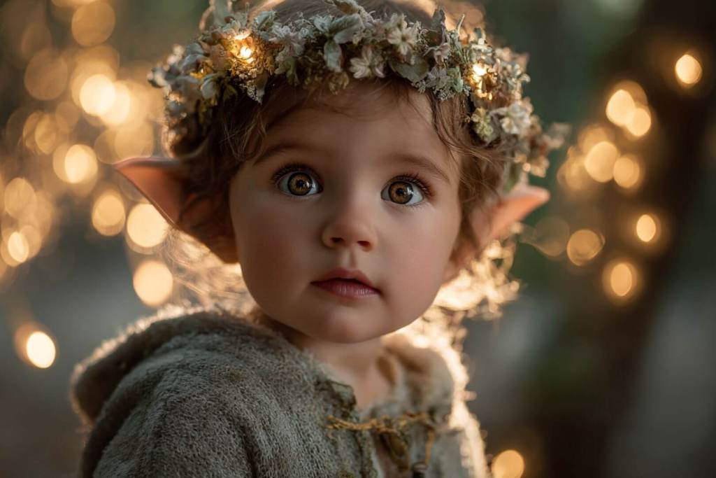 Bebé disfrazada de elfa con orejas puntiagudas, diadema de flores y fondo de luces cálidas.