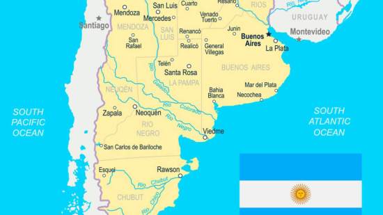 Mapa físico de ríos, lagos y lagunas de Argentina