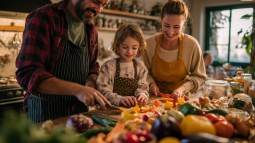 Padres e hijo cocinando juntos en la cocina, cortando verduras frescas sobre una mesa llena de ingredientes saludables.