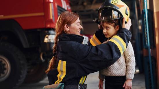 Una bombero, con un peque