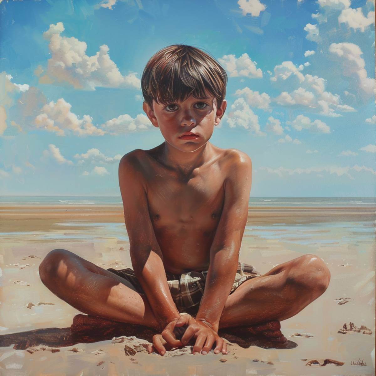 Un niño en la playa, serio y aburrido