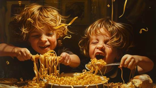Niños comiendo pasta