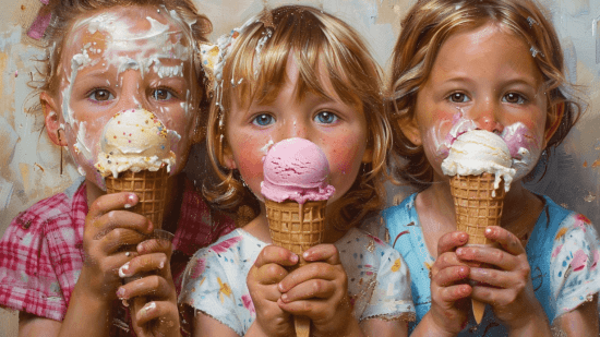 Tres niñas manchadas comen helado
