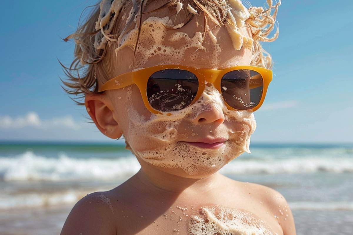 Un niño, lleno de crema y agua, en la playa