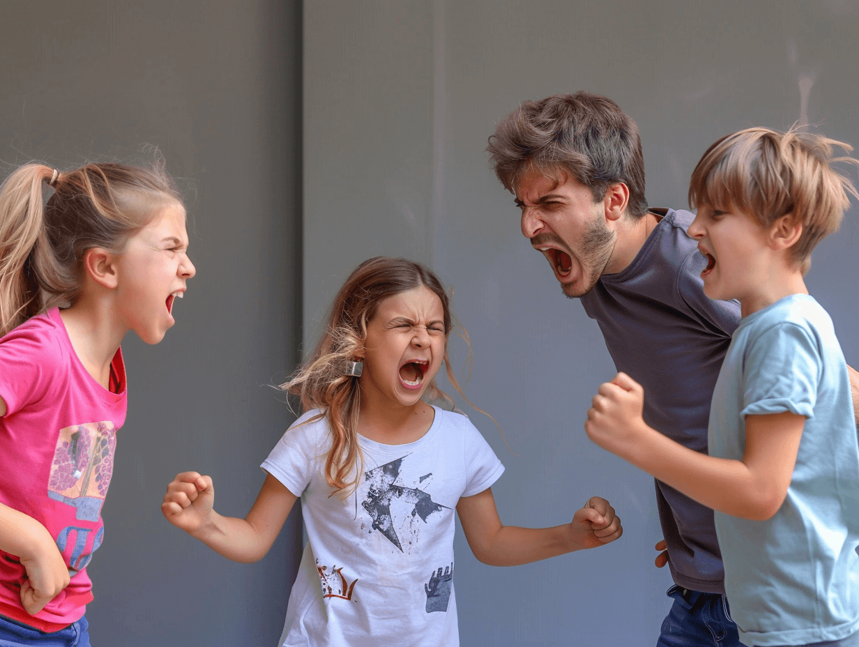 Un padre y sus tres hijos gritando