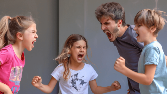 Un padre y sus tres hijos gritando