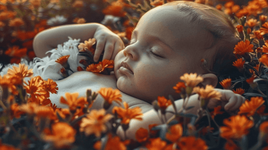 bebé dormida entre flores
