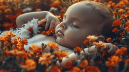 bebé dormida entre flores