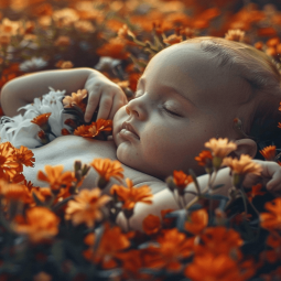 bebé dormida entre flores