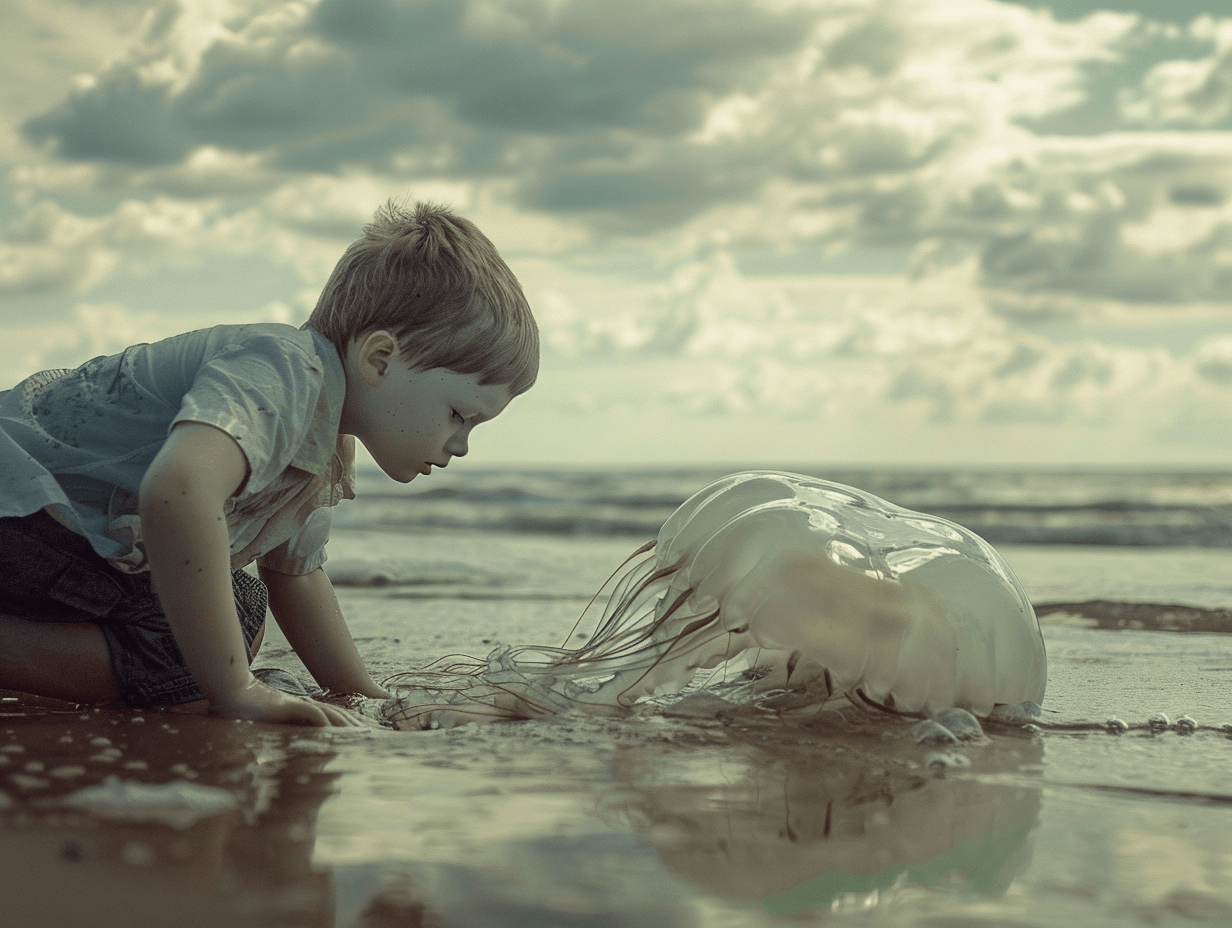 Un niño observa una medusa en la orilla