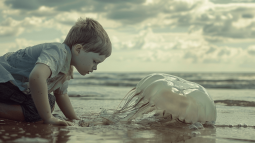Un niño observa una medusa en la orilla