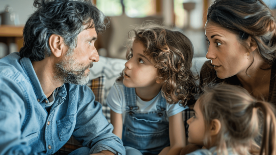 Familia hablando en el salón de casa