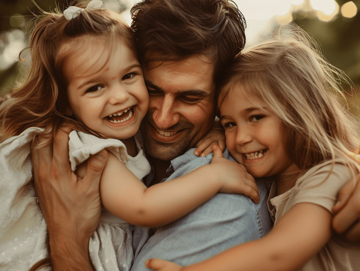 Un padre se abraza con sus hijas