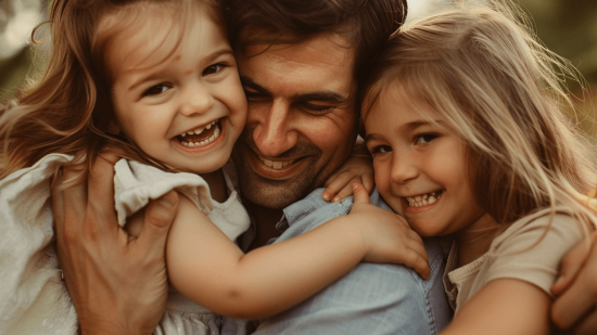 Un padre se abraza con sus hijas