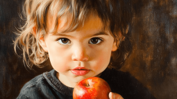 Un peque con una fruta en la mano