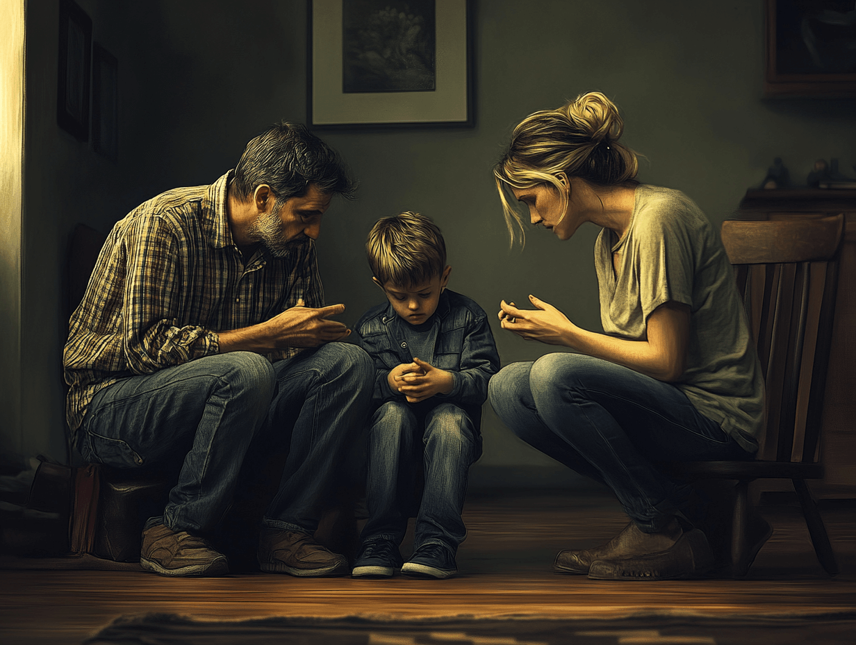 Unos padres hablan con su hijo, que está triste