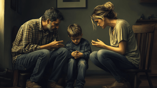 Unos padres hablan con su hijo, que está triste