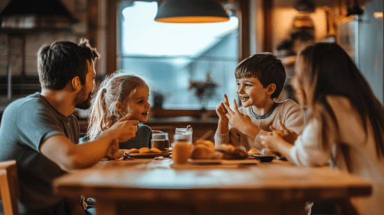 Una familia compartiendo conversación y mesa