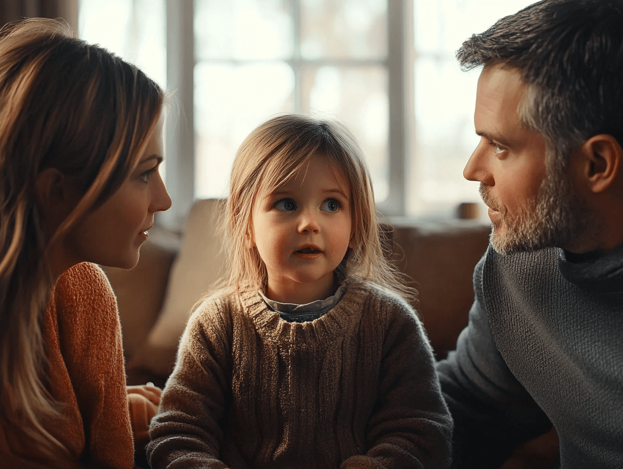 Una niña habla con sus padres