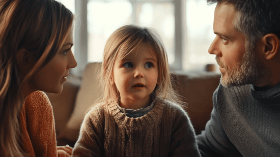 Una niña habla con sus padres
