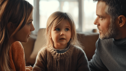 Una niña habla con sus padres