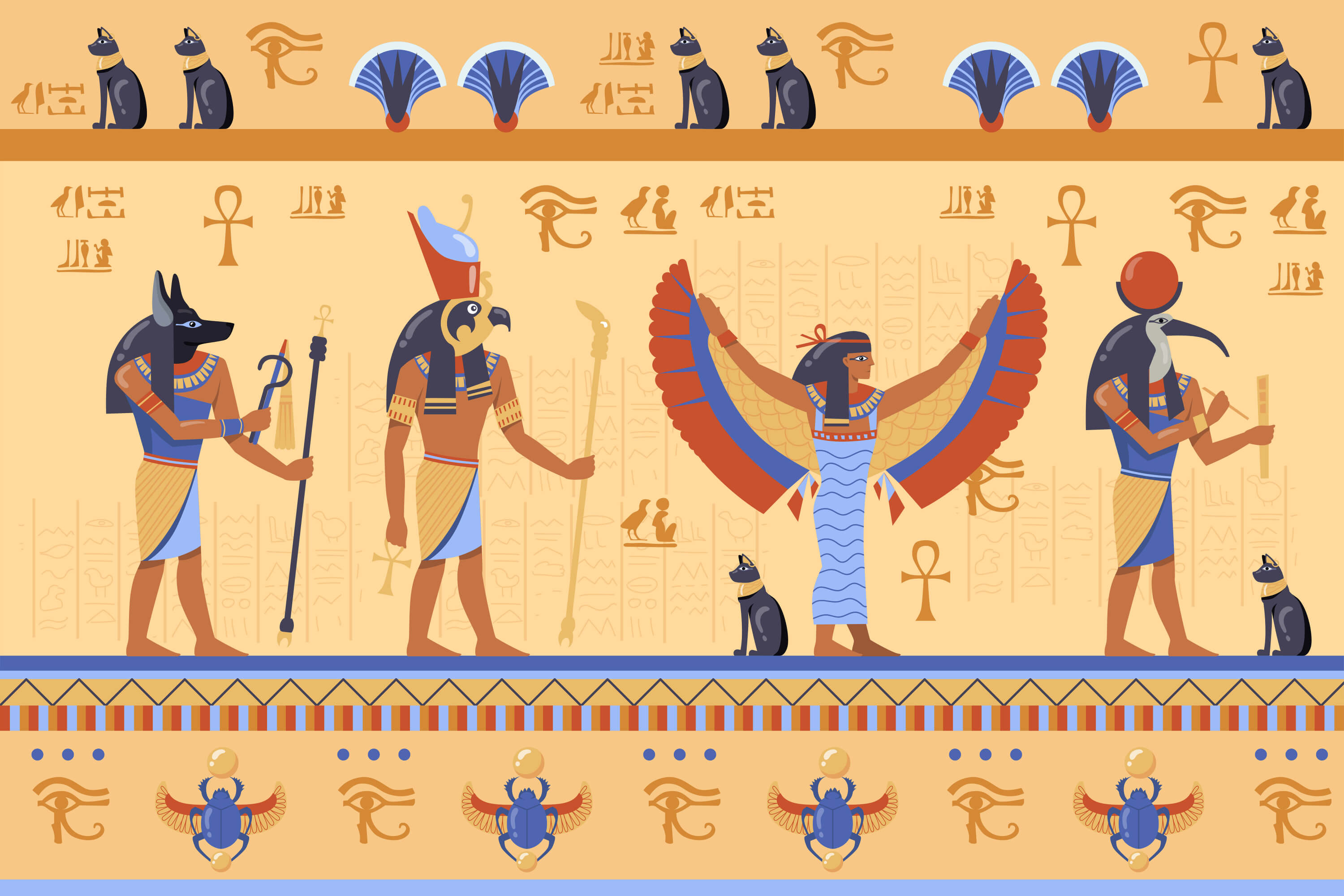 Egyptian deities on ancient bas relief with hieroglyphs