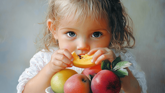 Una niña comiendo fruta