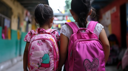 Dos niñas en un pasillo de su colegio