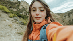 Una adolescente sacándose un selfie en la montaña